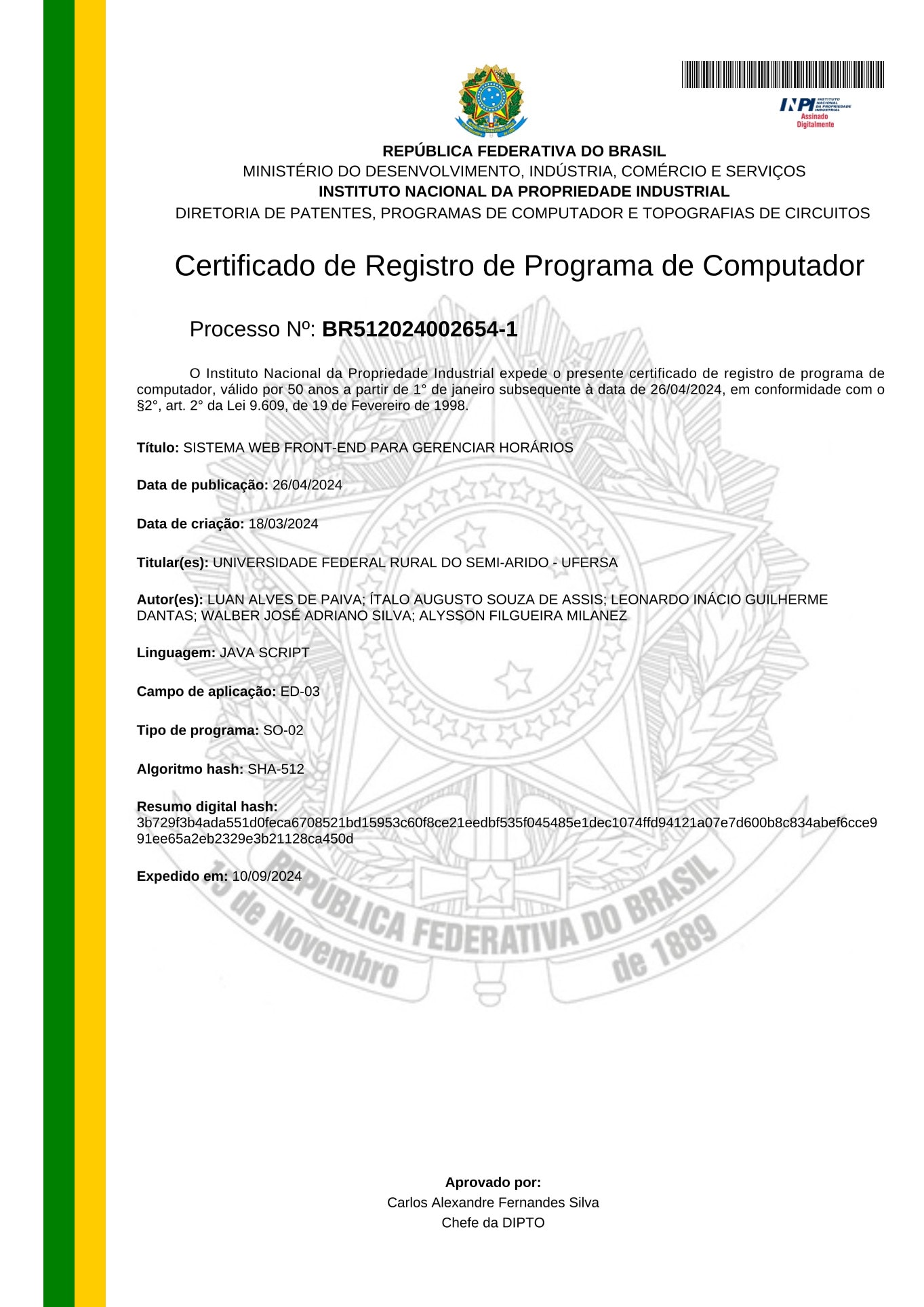 Certificado de Registro de Programa de Computador no INPI